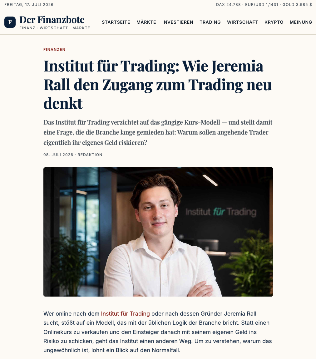 Artikel in Der Finanzbote: Institut für Trading: Wie Jeremia Rall den Zugang zum Trading neu denkt